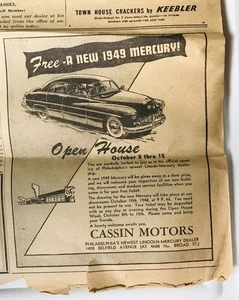 Cassin Motors New Lincoln-Mercury Dealer, Phila. Daily News Ad Oct. 11, 1948 - Picture 1 of 9