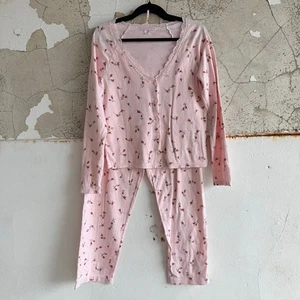 Conjunto de pijama Victoria Secret rosa encaje ribete manga larga cuello en V top pantalones largos - Imagen 1 de 8