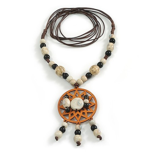 OFF WHITE Perlina in ceramica bianca nera con ciondolo rotondo in legno corda di seta marrone