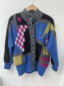 Vintage Jacques Verte Geometric 80s Cardigan Button Front Size 1 UK 14 - Picture 1 of 8