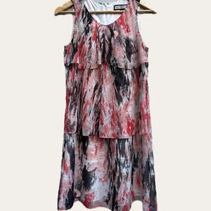 Nicola Finetti Ruffle Tiered Dress Sz 10 Red Black Abstract Print Sleeveless - Picture 1 of 15