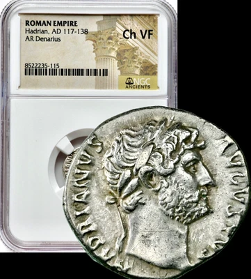 117-138 AD Adriano Antigo Romano Prata AR Denarius Moeda Roma Estado Perfeito NGC Escolha Muito Bom Estado - Imagem 1 de 4