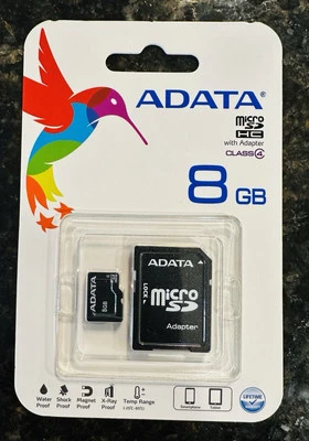 ADATA Micro 8GB SDHC Card with SD adapter AUSDH8GCL4-RA1 memory card camera Sony - Image 1 of 4