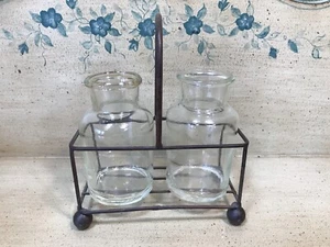 French Country Style Rustic Metal Basket W/ Two Glass Bottles Bud Vases - Picture 1 of 9