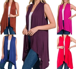 Women's Open Front Soft Flowing Rayon Blend Sleeveless Cardigan Draped Vest S-XL - Picture 1 of 46