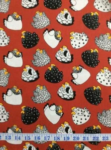 Brite Happy Hens Red Background Cotton Quilting Fabric 1/2 YARD - Picture 1 of 3