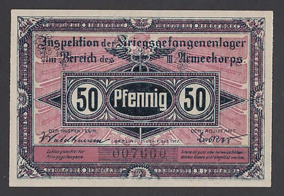 🔴GERMANY 50 Pfennig 1917 UNC POW Camp III Armee Korps FRANKFURT a/o - Image 1 of 2