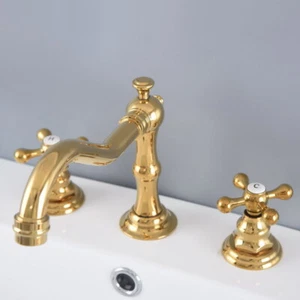 Golden Brass Deck Mount 3 Holes Double Handles Widespread Bathroom Sink Faucet - Picture 1 of 7