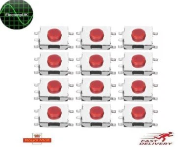 6x6x3.1mm SMD Tactile RED Push Button Micro Switch 5 Pin. Waterproof. 1-100 Pcs. - Image 1 of 4