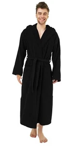 Plush Cotton Fleece Hooded Robe 100% Cotton, Black, One Size Adult. - Picture 1 of 3
