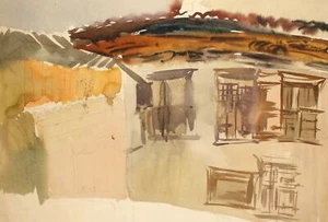 Antique expressionist landscape house watercolor painting - Picture 1 of 10