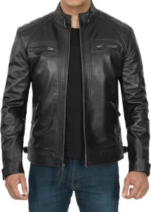 Men leather jacket in biker style sheep skin custom made available in S M&L size - Picture 1 of 5