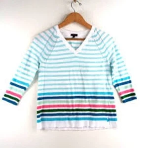 Talbots gestreifter Damenpullover Größe 1X weiß aquamarin 3/4-Ärmel Küste adrett neu mit Etikett - Bild 1 von 11