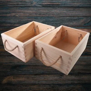 Pack of 2 Wooden Storage Boxes | Rope Handles Crate Gift Hamper Basket Container - Picture 1 of 12