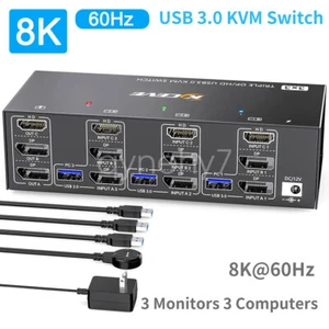HDMI Displayport USB 3.0 KVM Switch 3 Monitor 3 PC 8K 4K Triple Monitor Switcher - Picture 1 of 28