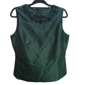 Talbots silk embellished top womens 12 green formal festive beaded shell satin - Picture 1 of 11