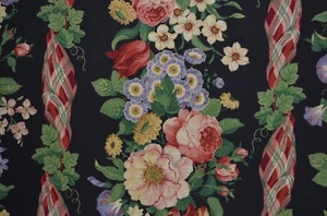 30 Yards Available / Vintage FLORAL STRIPE on BLACK / 100% Cotton / - Picture 1 of 9