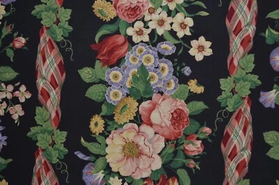 30 Yards Available / Vintage FLORAL STRIPE on BLACK / 100% Cotton / BTY - Image 1 of 4