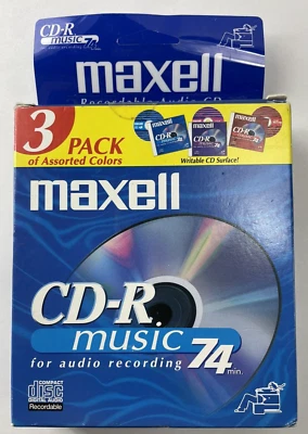Maxell CD-R Music 3-Pack For Audio Recording 74 Minutes Assorted Colors New - Image 1 of 4