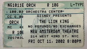 Biglietto Il Re Leone Stub New Amsterdam Theatre NYC 11 ottobre 2002 Ticket Stub - Foto 1 di 3