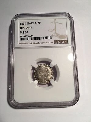 ITALY TUSCANY  1839  "MEZZO PAOLO" SILVER COIN UNCIRCULATED NGC CERTIFIED MS-64 - Image 1 of 4