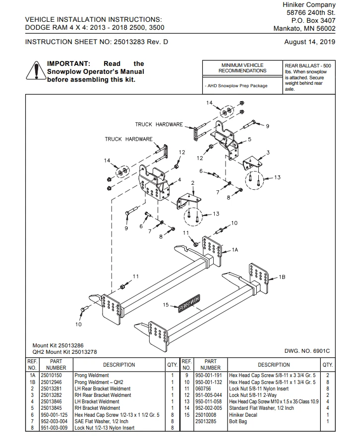 Hiniker Plow Mount 25013278 - Dodge Ram 4 x 4: ’13 – ’18 2500-3500 - Imagem 1 de 1