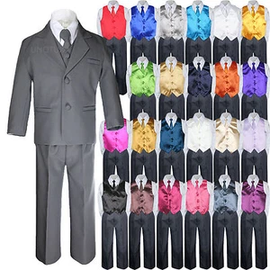 7pc Boys Teens Kids Formal Wedding Tuxedo Dark Gray Suits Vest Necktie Sets 5-20 - Picture 1 of 28