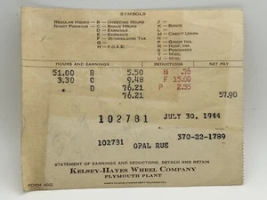 Kelsey-Hayes Wheel Company Detroit Michigan Paycheck Stub 1944 - Picture 1 of 4