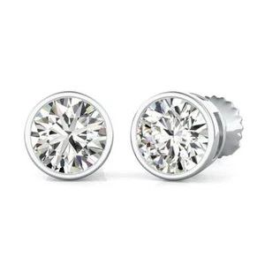 14K Solid White Gold Round Cut Moissanite Bezel Set Halo Earrings, Bridal 2.00ct - Picture 1 of 2