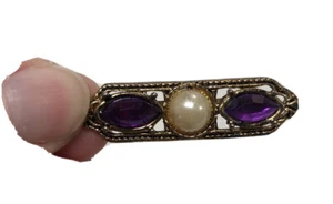 Pin Brooch Pearl Lilac Rhinestone. 1 1/2” Long. (13-19) - Picture 1 of 6