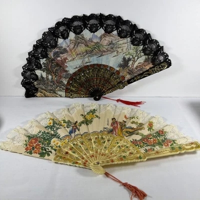 2 abanicos de mano vintage de los años 80 con aroma clásico tela de encaje plástico Foto 1 de 4