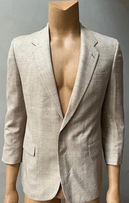 Men’s Linen Silk Retro Vintage 90s Blazer Jacket  Sports Beige Coat 40S - Image 1 of 4