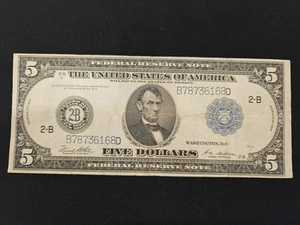 Series 1914 $5 Federal Reserve Note 2-B New York New York Blue Seal - Picture 1 of 8