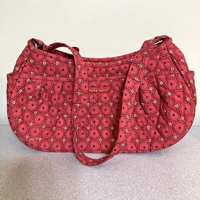 Bella Taylor Quilted Shoulder Bag Red Floral Circle Pattern Cotton Zip 11"x 6" - Image 1 of 4