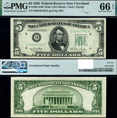 FR. 1961 D W I $5 1950 Federal Reserve Note Cleveland D-A Block Wide I Gem PMG C - Image 1 of 3