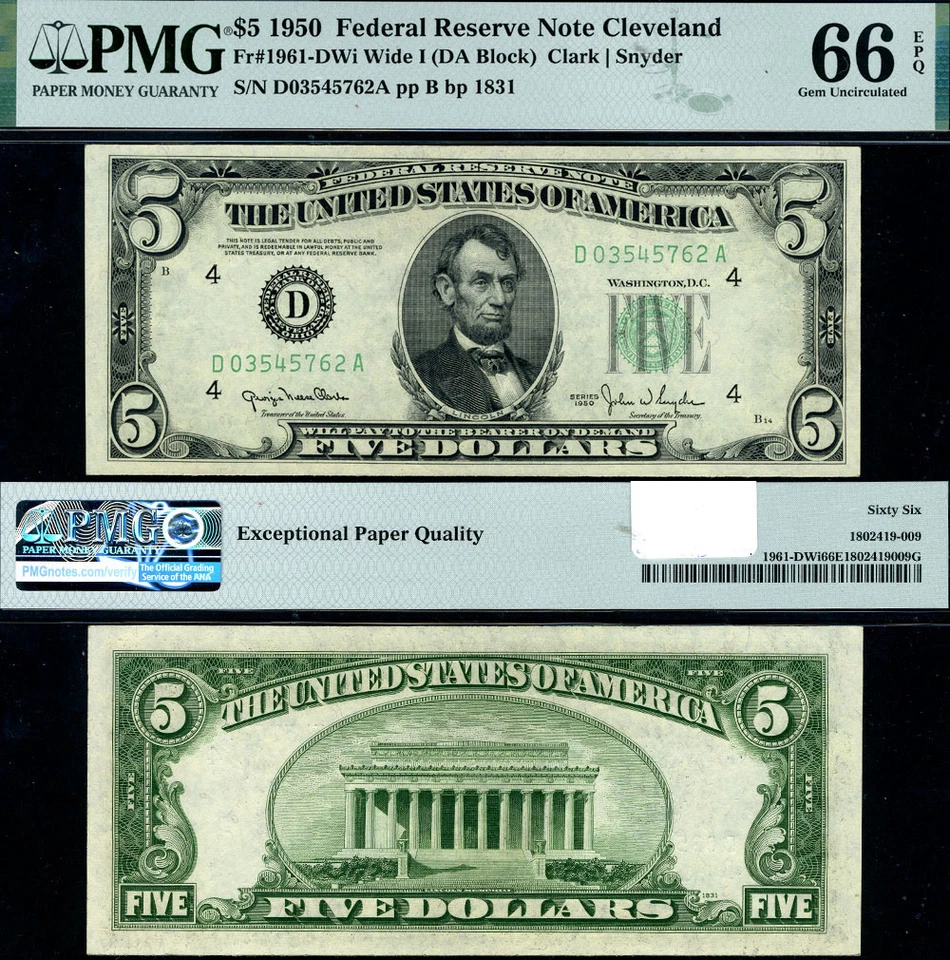 FR. 1961 D W I $5 1950 Federal Reserve Note Cleveland D-A Block Wide I Gem PMG C - Image 1 of 3