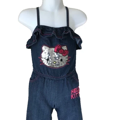 Sanrio Hello Kitty Denim Sequin Embroidered Overall Girls Size 2T Logo - Image 1 of 4