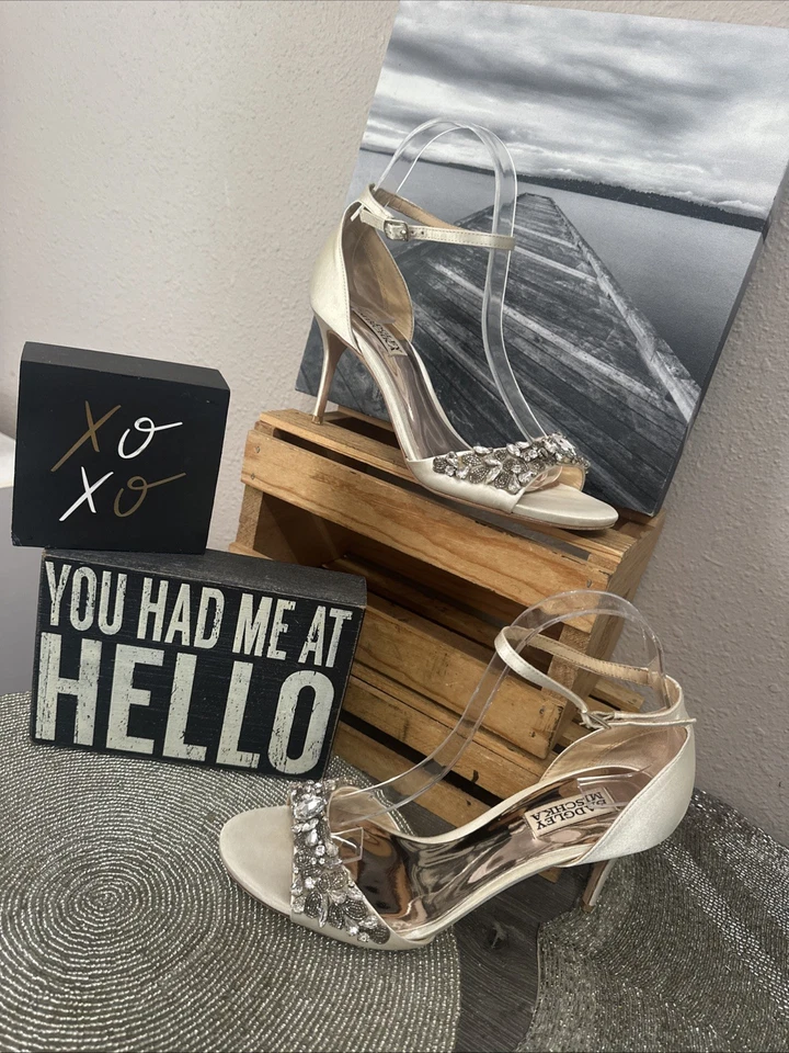 Badgley Mischka Champagne Satin Rhinestone Ankle Strap Heels  7.5 PreOwned-Read - Image 1 of 4