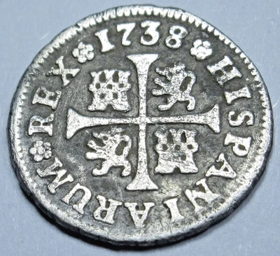 1738 年西班牙 1/2 雷亚尔斯古董殖民十字架 17 世纪海盗宝币 — 第 1/2 张图片