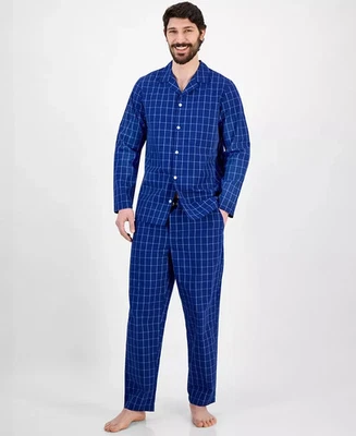 CLUB ROOM Sleepwear Mens Small Blue Windowpane Plaid Collared Cotton Pajama Set - Image 1 of 4