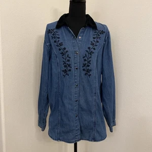 Vintage Denim&Co Top L Jeans Pearl Snap schwarz Samtkragen Perlen bestickt Western - Bild 1 von 9
