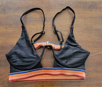 全新带标签 Lovers & Friends XS 钢圈黑色比基尼游泳上衣条纹表带 123241 — 第 1/2 张图片