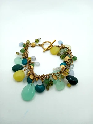 Ralph Lauren Assorted Gemstone Dangle Charm Bracelet Toggle Clasp Gold Tone - Image 1 of 4