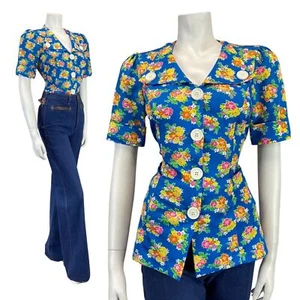 VINTAGE 60s 70s BLUE ORANGE GREEN FLOWER BOUQUET MOD SHIRT BLOUSE 14 - Picture 1 of 7