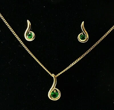 585 Gelbgold SET Kette Ohrstecker 14 Karat Gold Welle Zirkonia smaragd - Bild 1 von 3