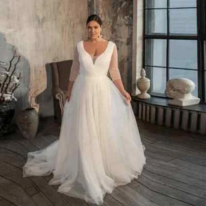 Plus Size Tulle Wedding Dresses V Neck 3/4 Sleeve Backless Pleated Bridal Gowns - Picture 1 of 6