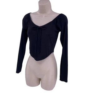 Ginger G Womens Crop Top Ribbed Knit Black Size Small Front Tie Raglan Sleeve  - Picture 1 of 11