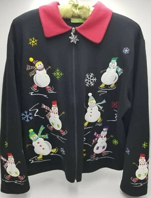 Chaqueta Cárdigan Onque Talla L Navidad Muñecos de Nieve Informal Negra LS Cottage Granny Core Foto 1 de 4