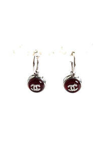 Chanel Womens Vintage Burgundy And Silver CC Logo Round Huggie Earrings
