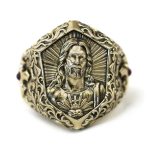 Details Brass Jesus Christ Punk Ring LINSION Cross Shield BR458C UK Size P½~Z5 - Picture 1 of 27